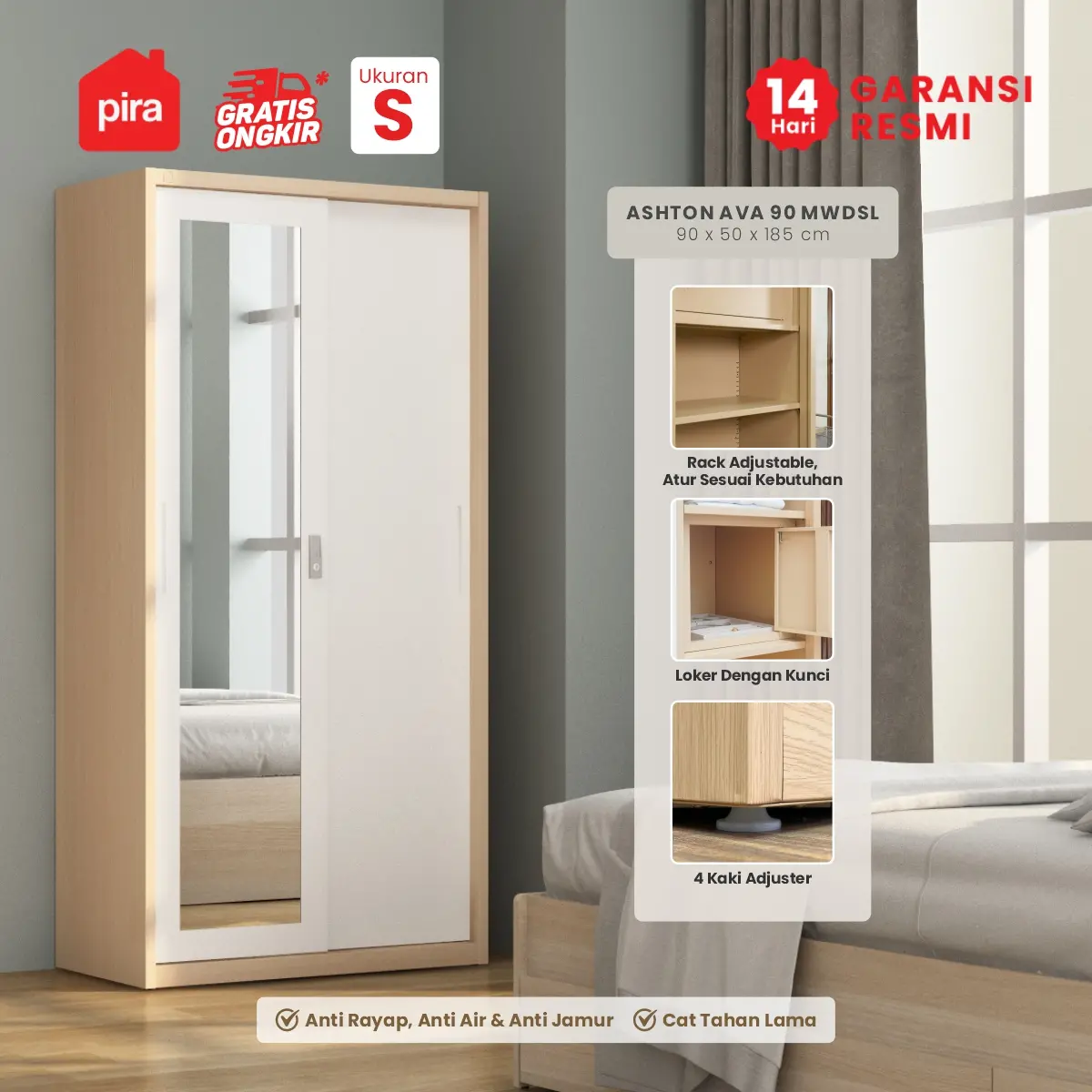 PIRA - ASHTON AVA 90 MWDSL LEMARI PAKAIAN BESI SLIDING / GESER MOTIF KAYU warna LIGHT ASH - WHITE - PIRA - foto 1