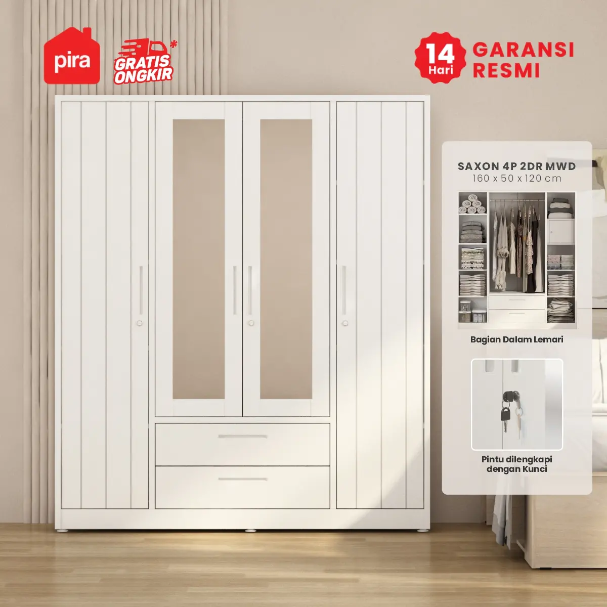 PIRA - SAXON 4P 2DR MWD LEMARI PAKAIAN BESI 4 PINTU / LEMARI BESI JUMBO DENGAN CERMIN DAN 2 LACI warna WHITE - PIRA - foto 2