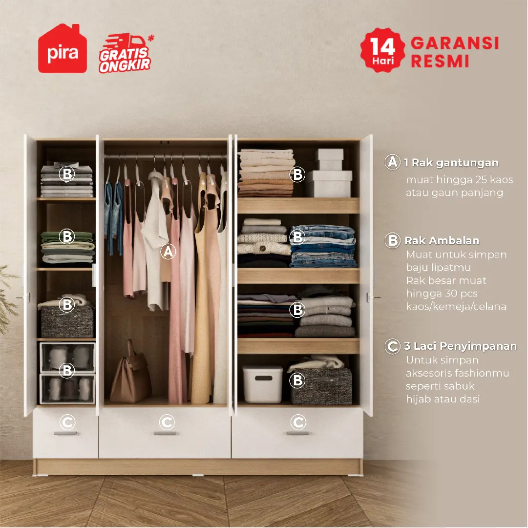 PIRA METROPOLIS OX - ARUNA BL5P 3DR LEMARI PAKAIAN 5 PINTU / LEMARI BAJU DENGAN LACI warna PRO OAK - WHITE - PIRA METROPOLIS OX - foto 2