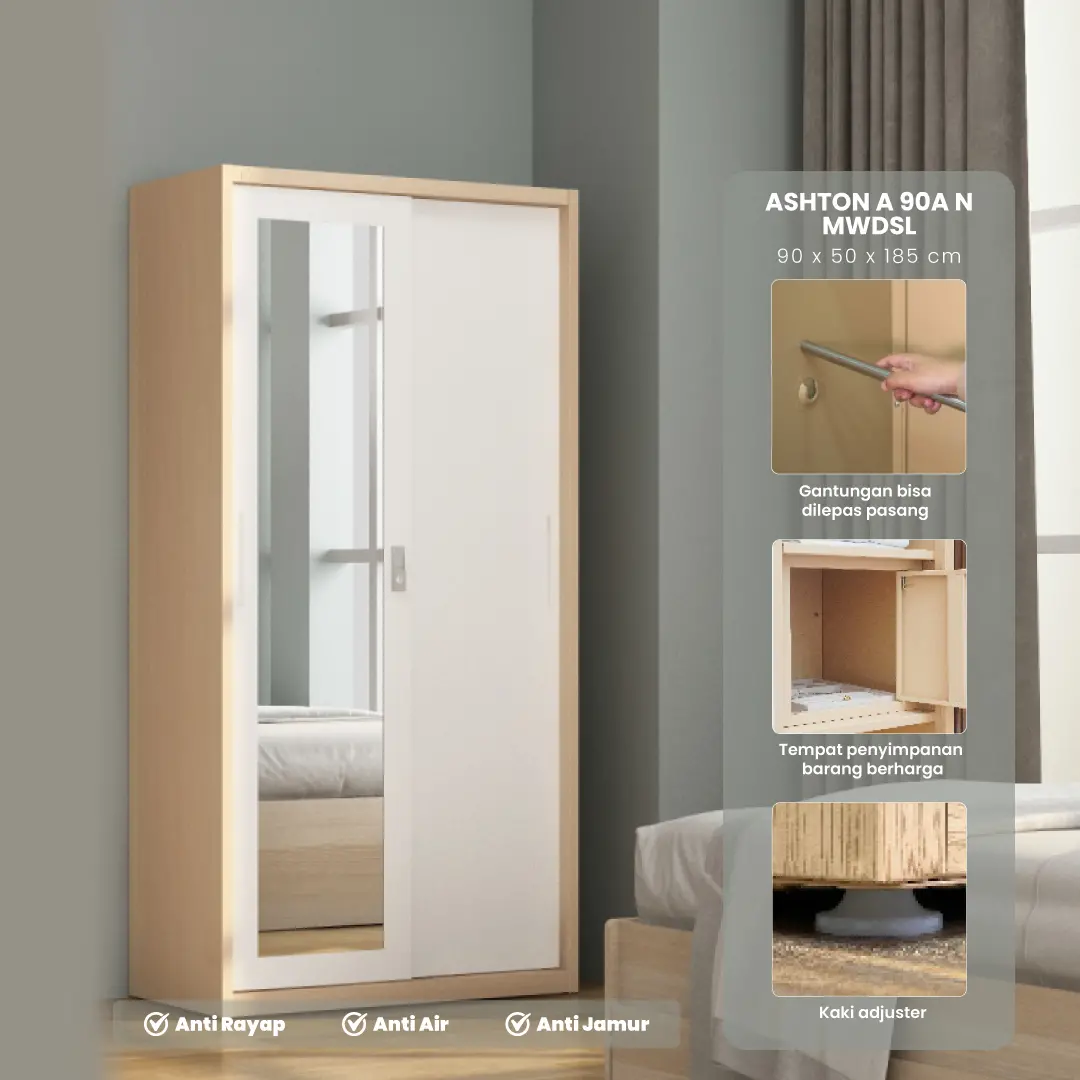 PIRA - ASHTON A 90A MWDSL LEMARI PAKAIAN BESI SLIDING / GESER MOTIF KAYU warna LIGHT ASH - WHITE - PIRA - foto 1