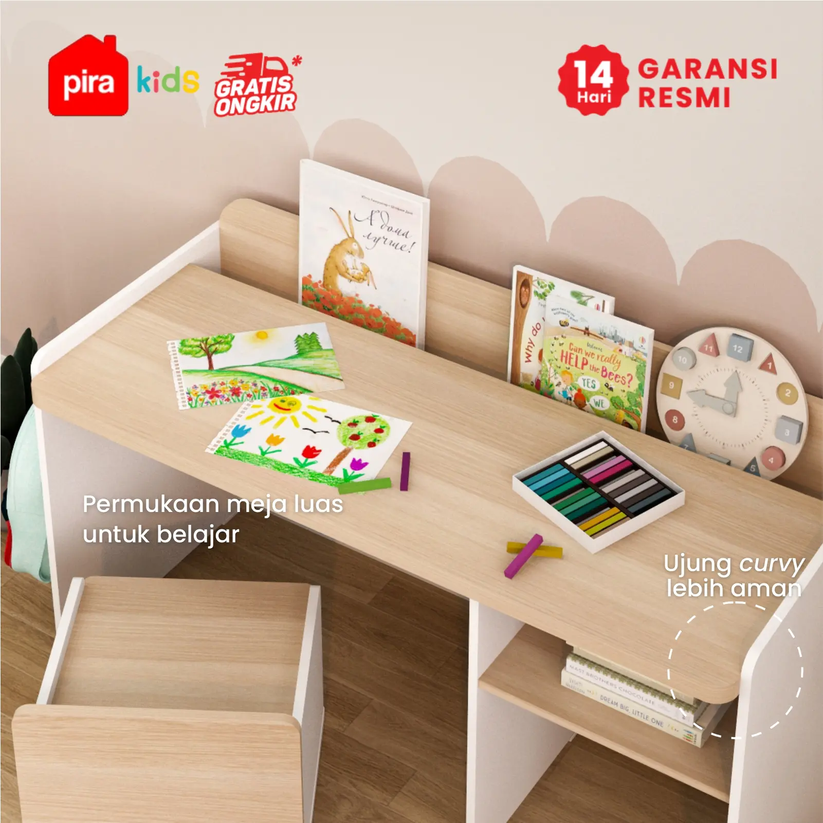 PIRA KIDS - DASAMI DKK100 MEJA BELAJAR ANAK DENGAN RAK BUKU warna PRO OAK - WHITE SM - PIRA KIDS - foto 3