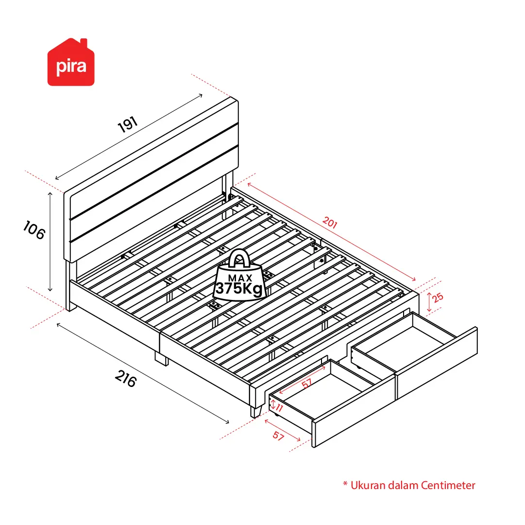 Panduan ukuran PIRA - PALMA BD180 PLATFORM BED / DIPAN / DIPAN TEMPAT TIDUR / RANJANG KASUR / DIPAN DENGAN LACI PENYIMPANAN warna GREY - PIRA