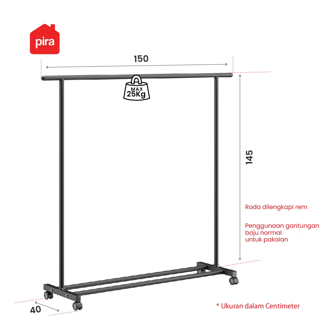 Panduan ukuran PIRA - ATLA CR 150 W RAK GANTUNG BAJU / STAND GANTUNGAN / STAND HANGER / RAK BESI warna BLACK - PIRA