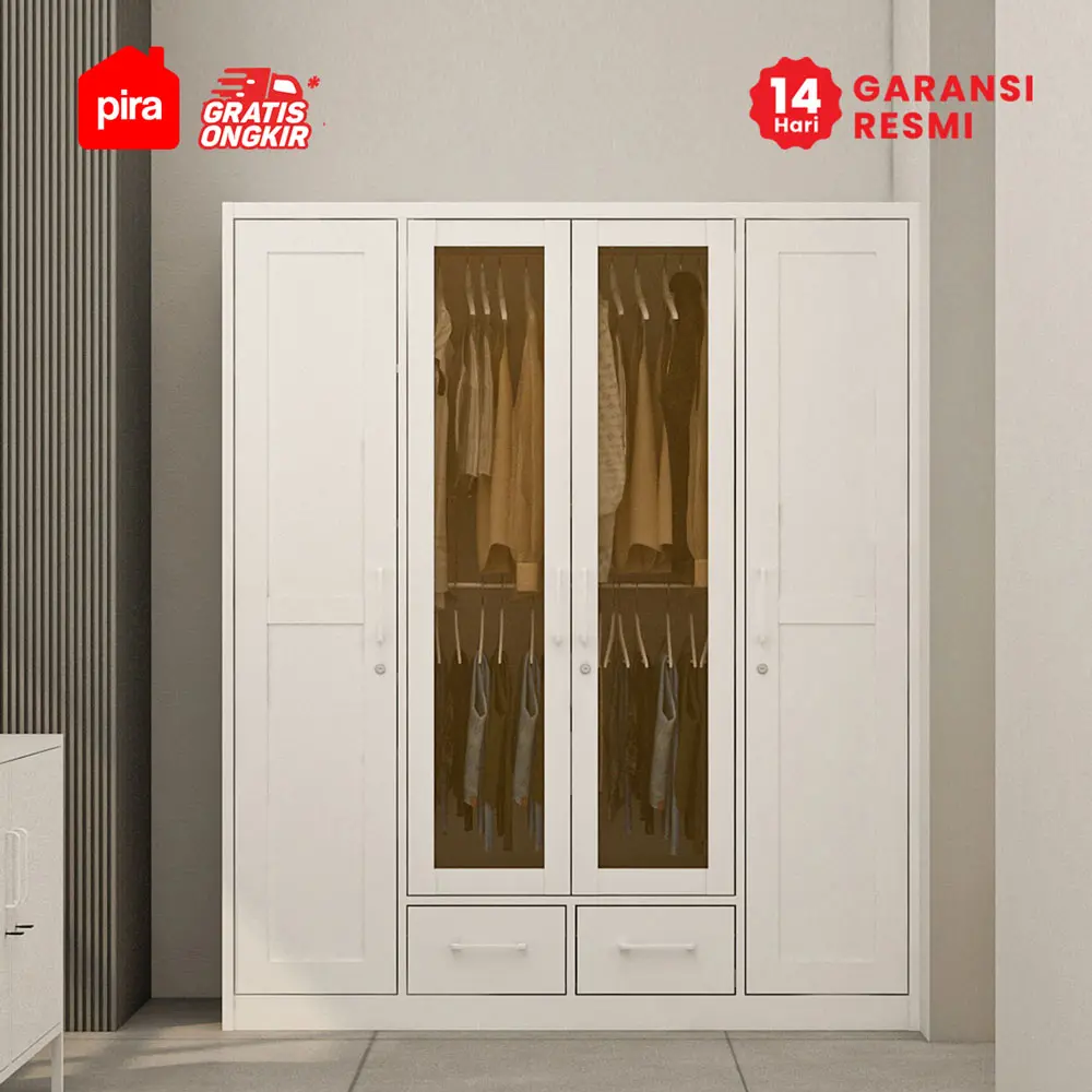 PIRA - SCHON 4P FGD MWD LEMARI PAKAIAN BESI 4 PINTU DENGAN LACI DAN LED warna WHITE - PIRA - foto 2