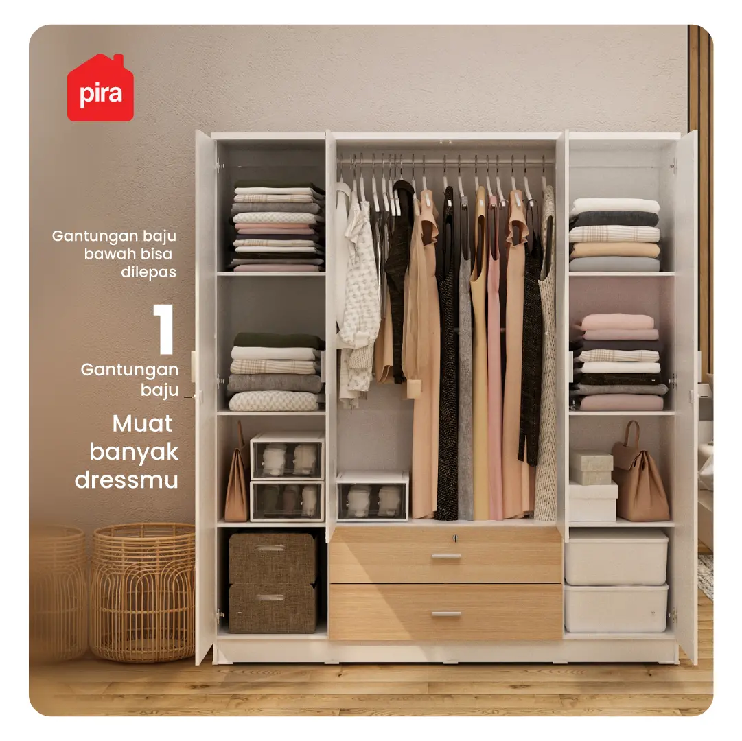 PIRA METROPOLIS OX - ASTA 4PL A LEMARI PAKAIAN 4 PINTU DENGAN LACI warna WHITE - PIRA METROPOLIS - foto 3