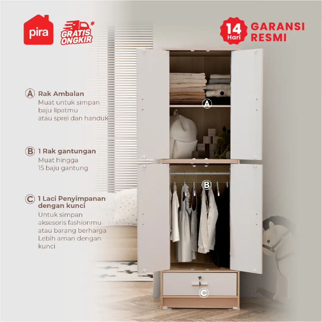PIRA METROPOLIS OX - ARUNA BL4P 1DR LEMARI PAKAIAN / LEMARI BAJU FULL RAK DENGAN LACI PENYIMPANAN warna PRO OAK - WHITE - PIRA METROPOLIS OX - foto 2