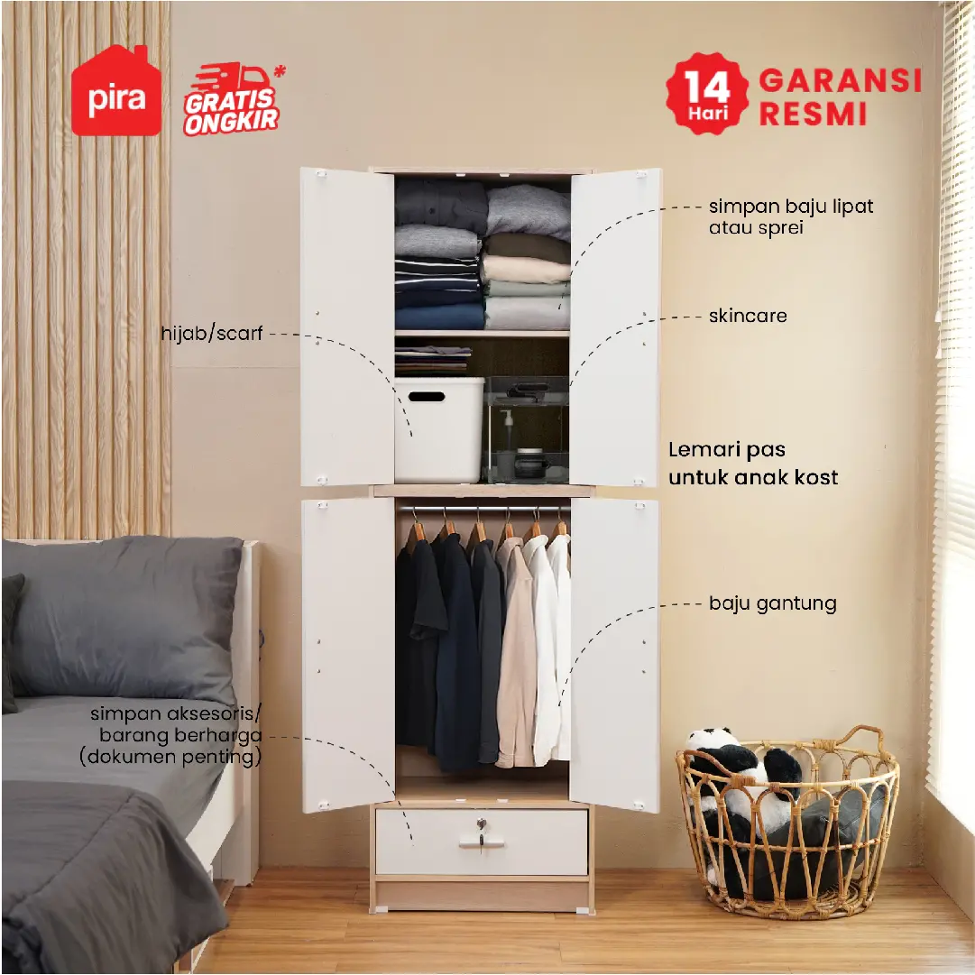 PIRA METROPOLIS OX - ARUNA BL4P 1DR LEMARI PAKAIAN / LEMARI BAJU FULL RAK DENGAN LACI PENYIMPANAN warna PRO OAK - WHITE - PIRA METROPOLIS OX - foto 5