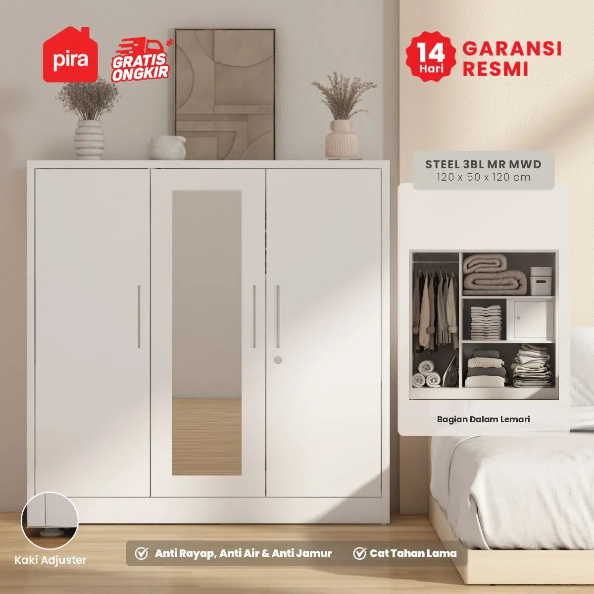 PIRA - STEEL 3BL MR MWD LEMARI PAKAIAN BESI 3 PINTU / LEMARI KECIL / LEMARI PAKAIAN ANAK warna WHITE - PIRA - foto 3