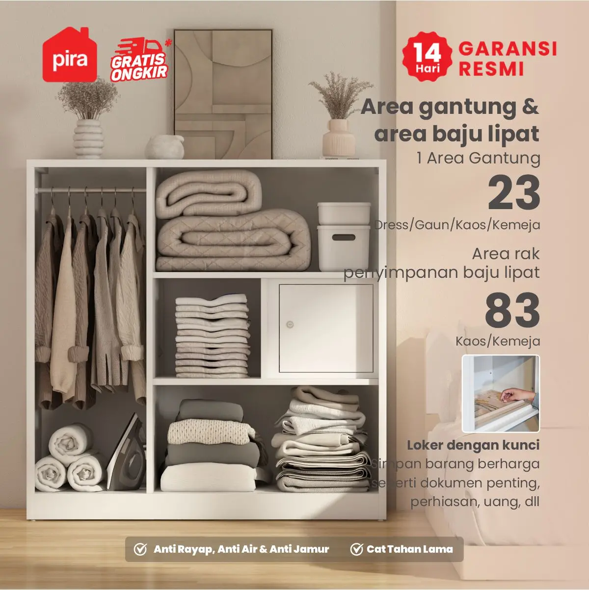 PIRA - STEEL 3BL MR MWD LEMARI PAKAIAN BESI 3 PINTU / LEMARI KECIL / LEMARI PAKAIAN ANAK warna WHITE - PIRA - foto 4