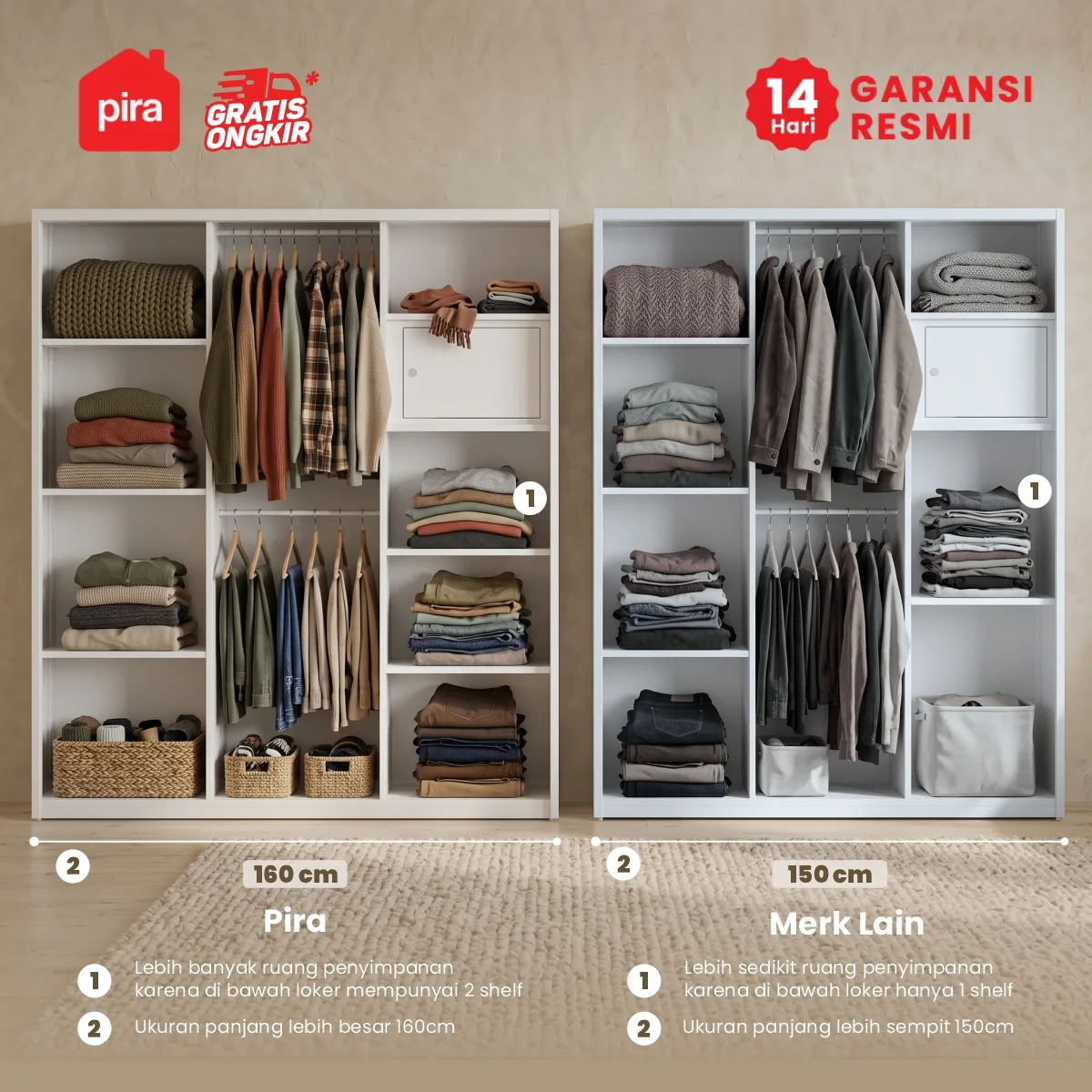 PIRA OX - RALF 160 MWDSL LEMARI PAKAIAN BESI SLIDING / PINTU GESER / LEMARI JUMBO warna WHITE - PIRA - foto 4