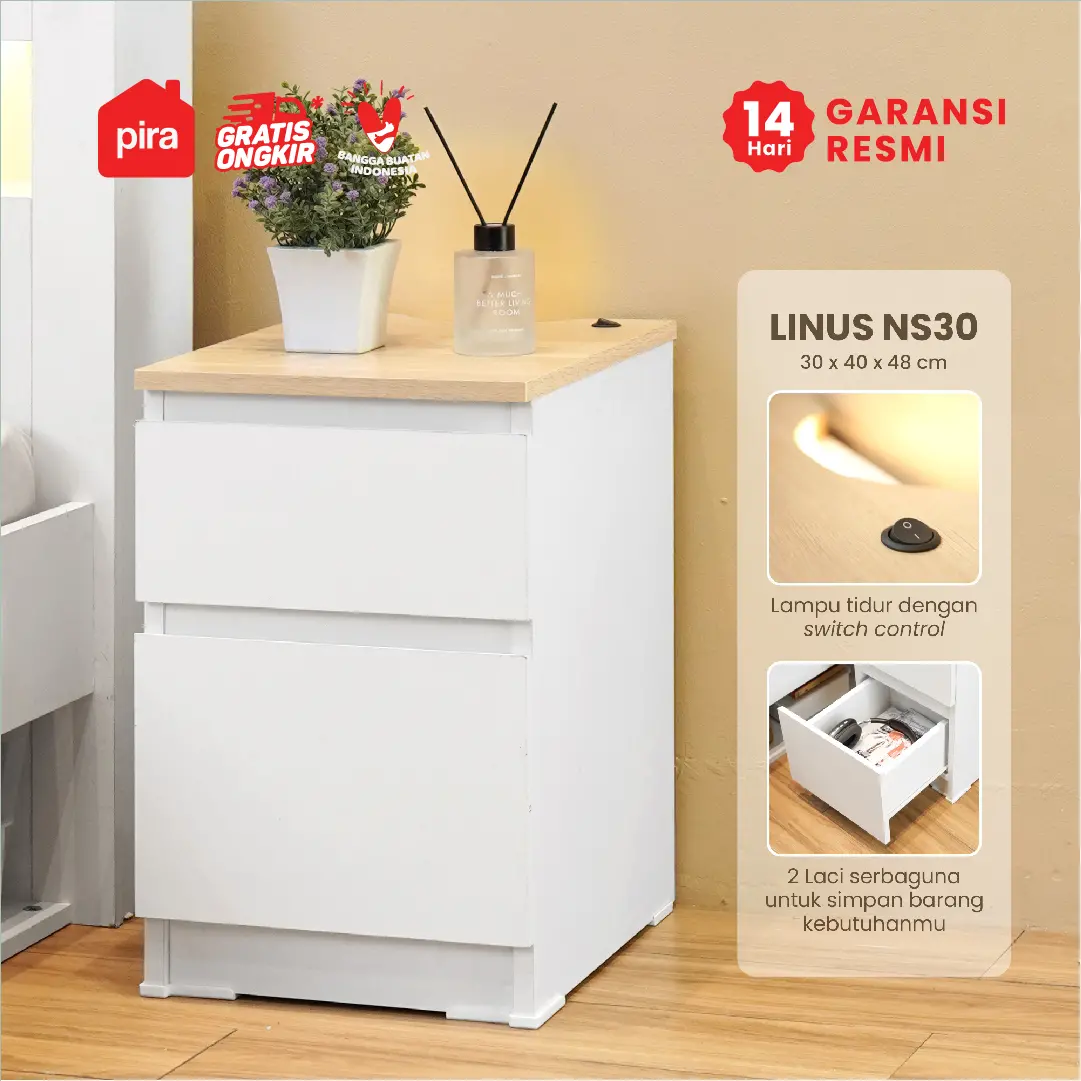 PIRA - LINUS NS30 MEJA NAKAS / MEJA SAMPING / MEJA SUDUT / LEMARI LACI DENGAN LAMPU TIDUR warna WHITE - PRO OAK - PIRA - foto 1