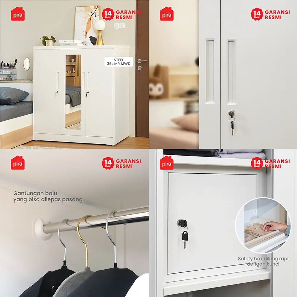 PIRA - STEEL 3BL MR MWD LEMARI PAKAIAN BESI 3 PINTU / LEMARI KECIL / LEMARI PAKAIAN ANAK warna WHITE - PIRA - foto 6