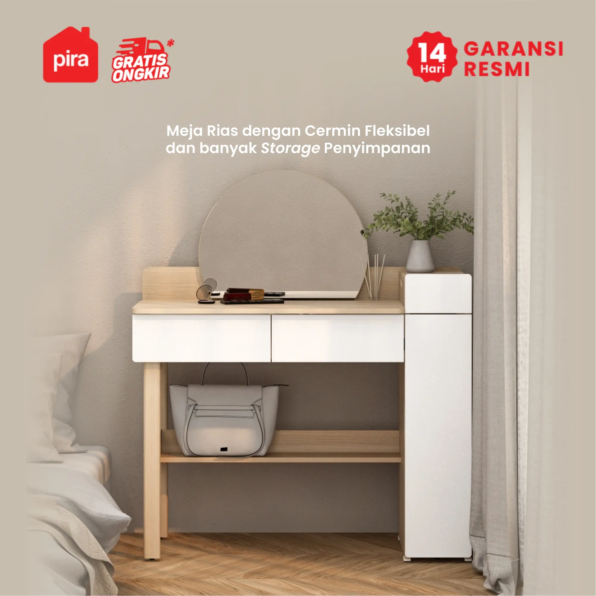 PIRA - LAURA DS100 MEJA RIAS DENGAN CERMIN LEPAS PASANG / MEJA BELAJAR / MEJA KERJA warna PRO OAK - WHITE SM - PIRA - foto 8