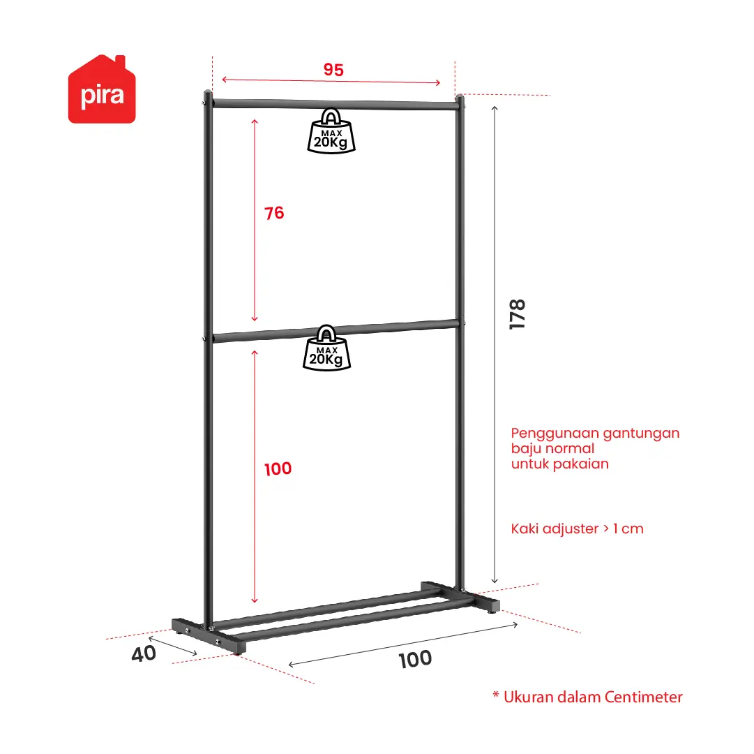 Panduan ukuran PIRA - ATLA CR 101 RAK GANTUNG BAJU / STAND GANTUNGAN / STAND HANGER / RAK BESI warna BLACK - PIRA