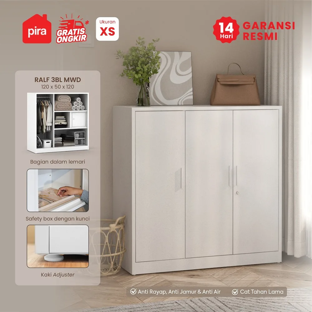 PIRA OX - RALF 3BL MWD LEMARI PAKAIAN BESI 3 PINTU / LEMARI KECIL / LEMARI PAKAIAN ANAK warna WHITE - PIRA - foto 1