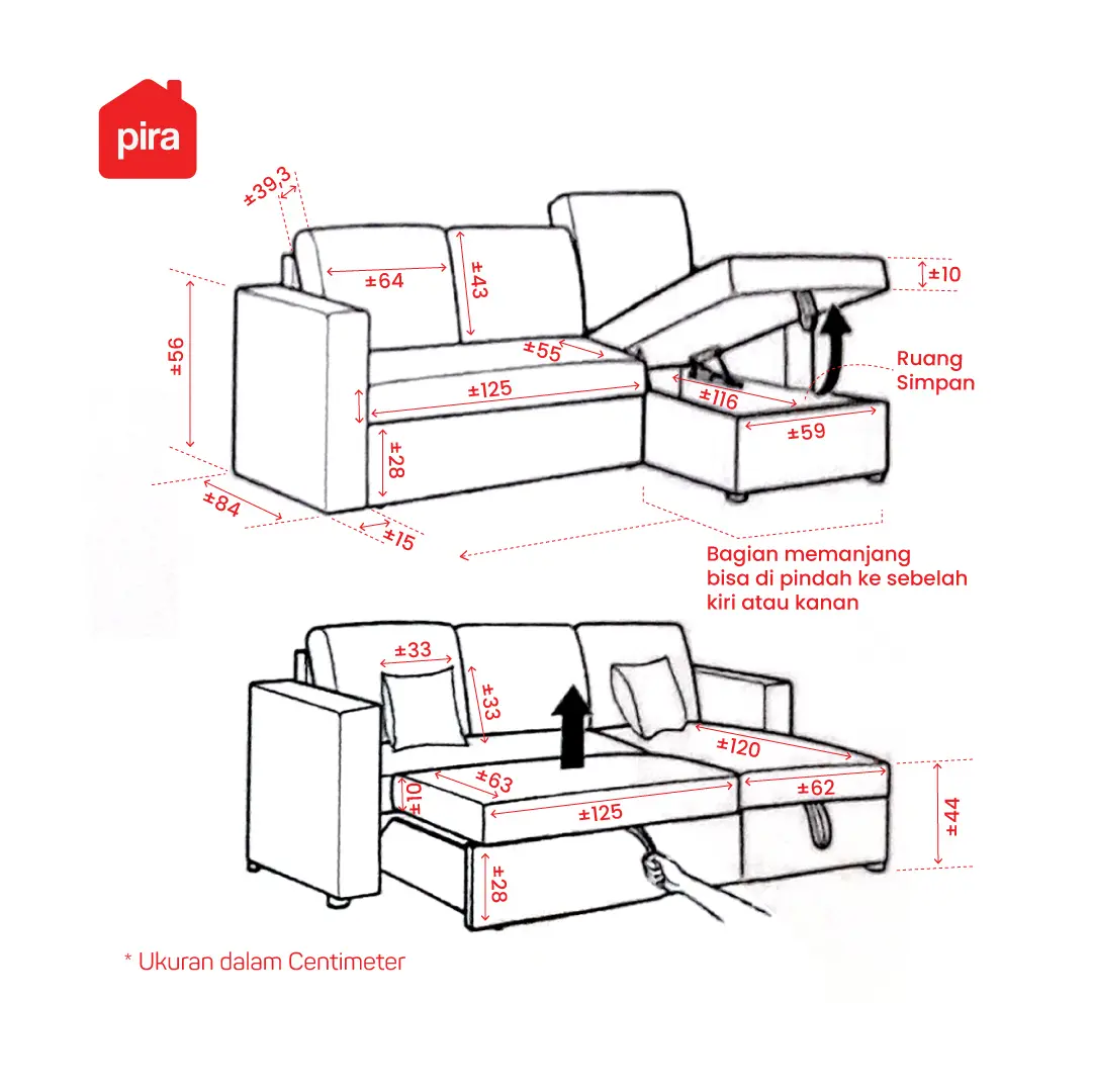 Panduan ukuran PIRA BAVARIAN - CAMILA SFC CONVERTIBLE SOFA / MULTIFUNGSI warna BROWN - PIRA