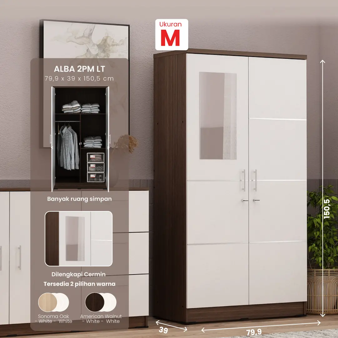 PIRA METROPOLIS - ALBA 2PM LT LEMARI PAKAIAN MEDIUM 2 PINTU warna AMERICAN WALNUT - WHITE - WHITE - METROPOLIS - foto 1
