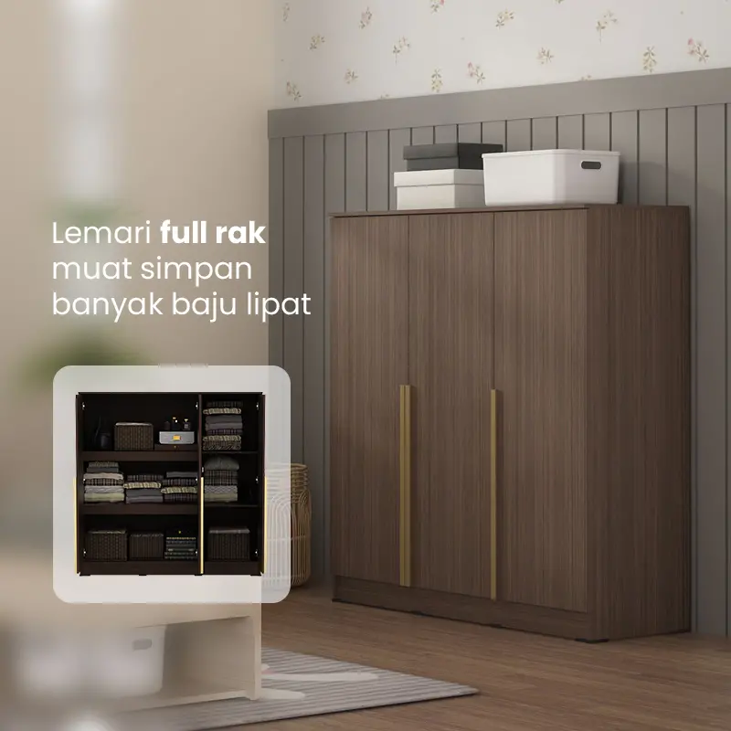 PIRA METROPOLIS - YONA BLS120 LEMARI PAKAIAN 3 PINTU FULL RAK warna AMERICAN WALNUT - GOLD HAIRLINE - PIRA METROPOLIS - foto 2