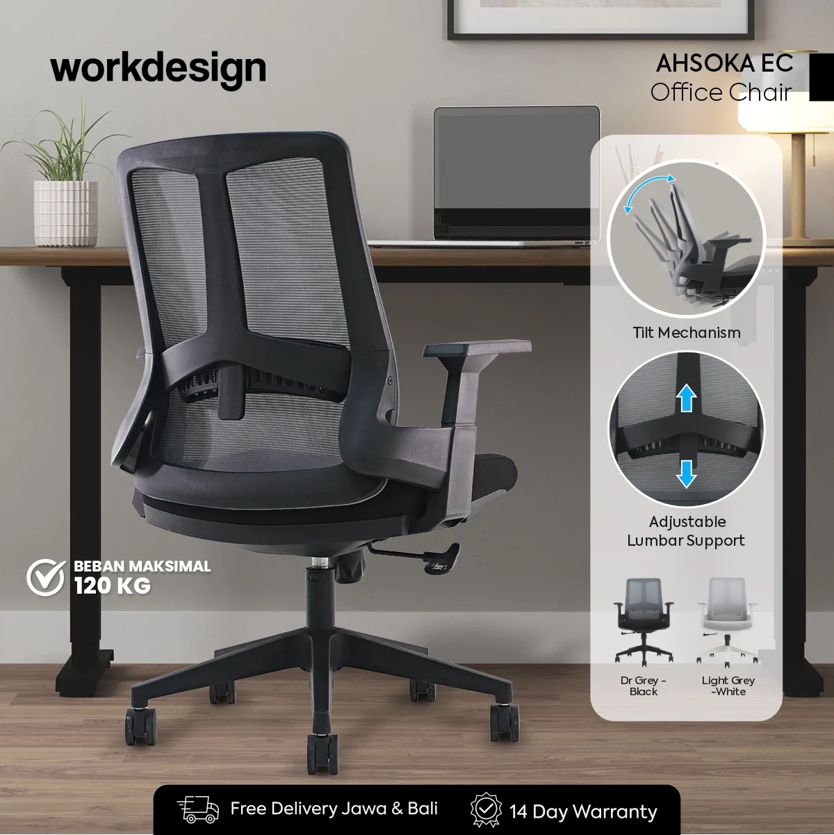 WORKDESIGN - AHSOKA EC PR KURSI KANTOR / KURSI KERJA ERGONOMIS DENGAN LUMBAR SUPPORT warna DARK GREY - BLACK - WORKDESIGN - foto 1