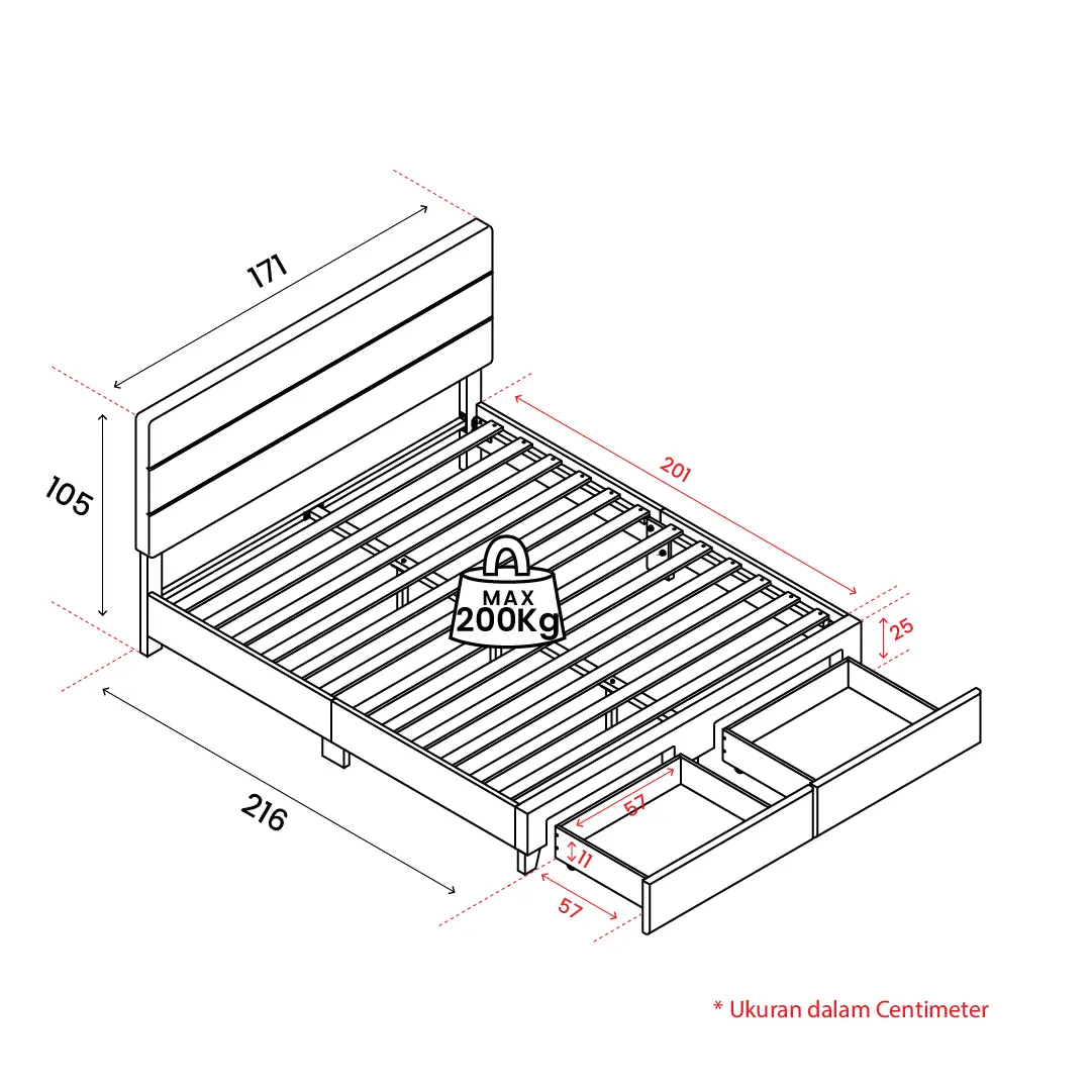 Panduan ukuran PIRA - PALMA BD160 PLATFORM BED / DIPAN / DIPAN TEMPAT TIDUR / RANJANG KASUR / DIPAN DENGAN LACI PENYIMPANAN warna GREY - PIRA