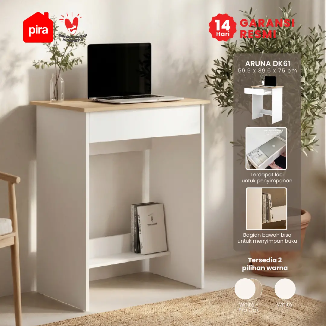 PIRA METROPOLIS OX -  ARUNA DK61 MEJA BELAJAR / MEJA KOMPUTER DENGAN LACI warna WHITE - PRO OAK - PIRA METROPOLIS OX - foto 1