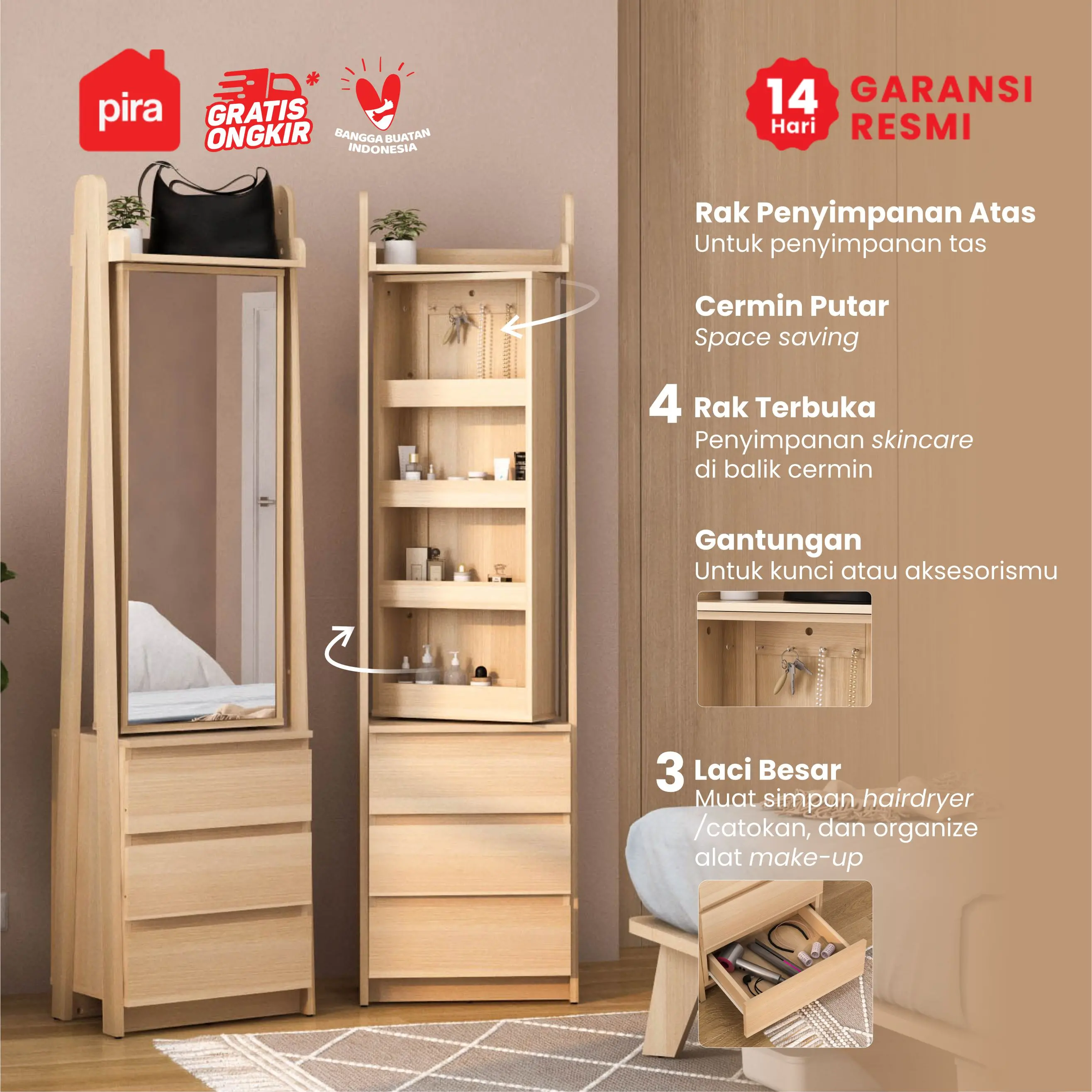 PIRA - KIREI DS48 MEJA RIAS / CERMIN FULL BODY / MEJA RIAS MINIMALIS warna PRO OAK - PIRA - foto 3