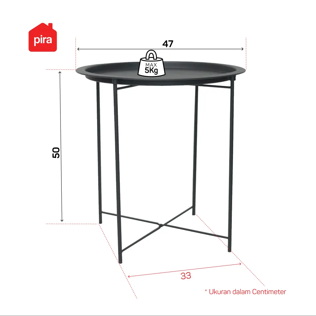 Panduan ukuran PIRA - NETA MET47 MEJA LIPAT / MEJA PORTABLE / MEJA SAMPING / MEJA NAKAS / MEJA TAMU / MEJA TERAS warna BLACK - PIRA