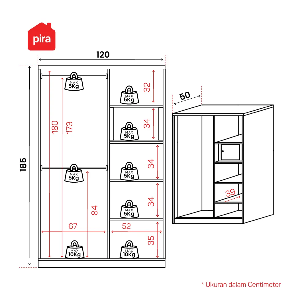 Panduan ukuran PIRA - SCHON 120A MWDSL LEMARI PAKAIAN BESI SLIDING / PINTU GESER warna WHITE - METROPOLIS