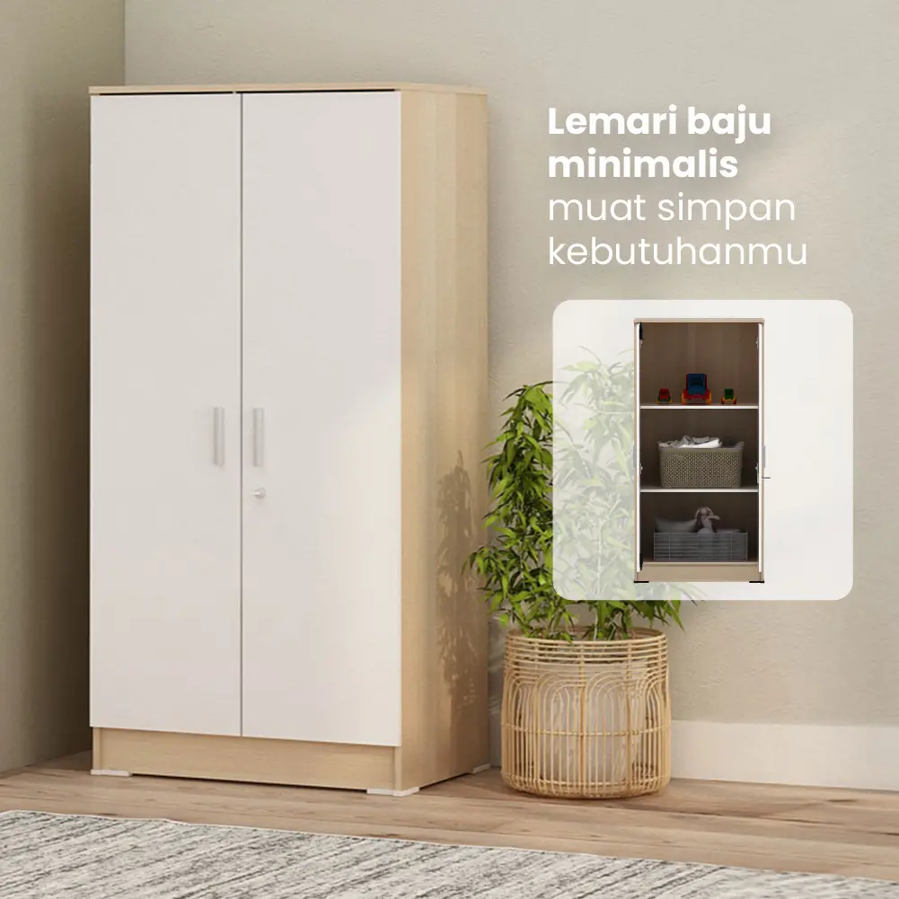 PIRA METROPOLIS - ARUNA BLS60 LEMARI PAKAIAN KECIL 2 PINTU FULL RAK / LEMARI BAJU warna PRO OAK - WHITE - PIRA METROPOLIS OX - foto 2