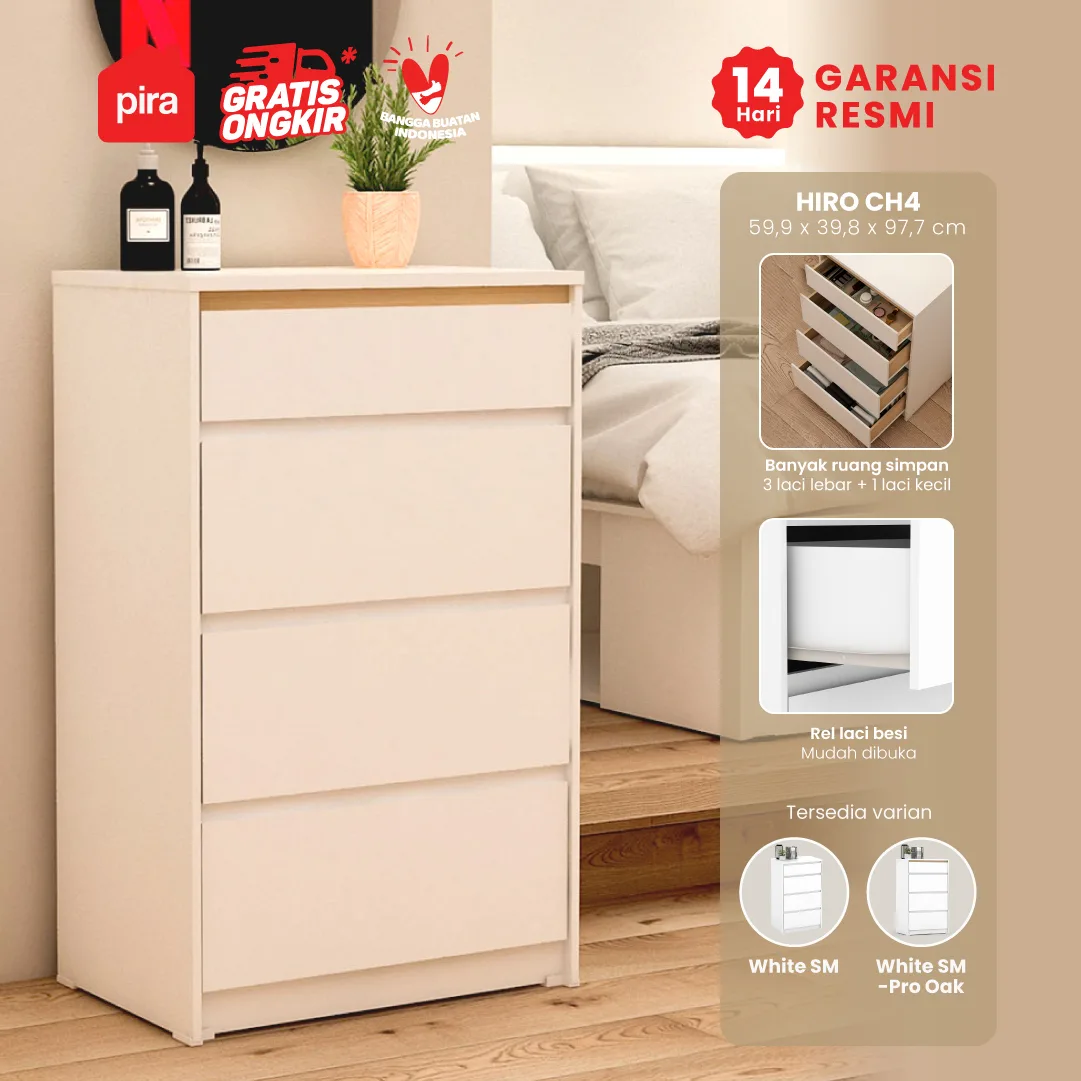PIRA METROPOLIS OX - HIRO CH4 LEMARI LACI 4 SUSUN warna WHITE - PRO OAK - PIRA METROPOLIS OX - foto 1