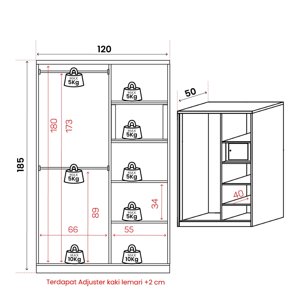 Panduan ukuran PIRA - STEEL A 120A N MWDSL LEMARI PAKAIAN BESI SLIDING / PINTU GESER warna WHITE - PIRA