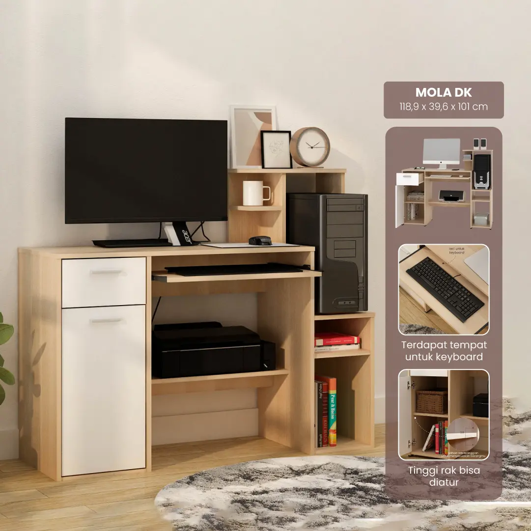 PIRA WORK - MOLA DK MEJA KANTOR / MEJA BELAJAR / MEJA KOMPUTER warna PRO OAK - WHITE SM - PIRA WORK - foto 1