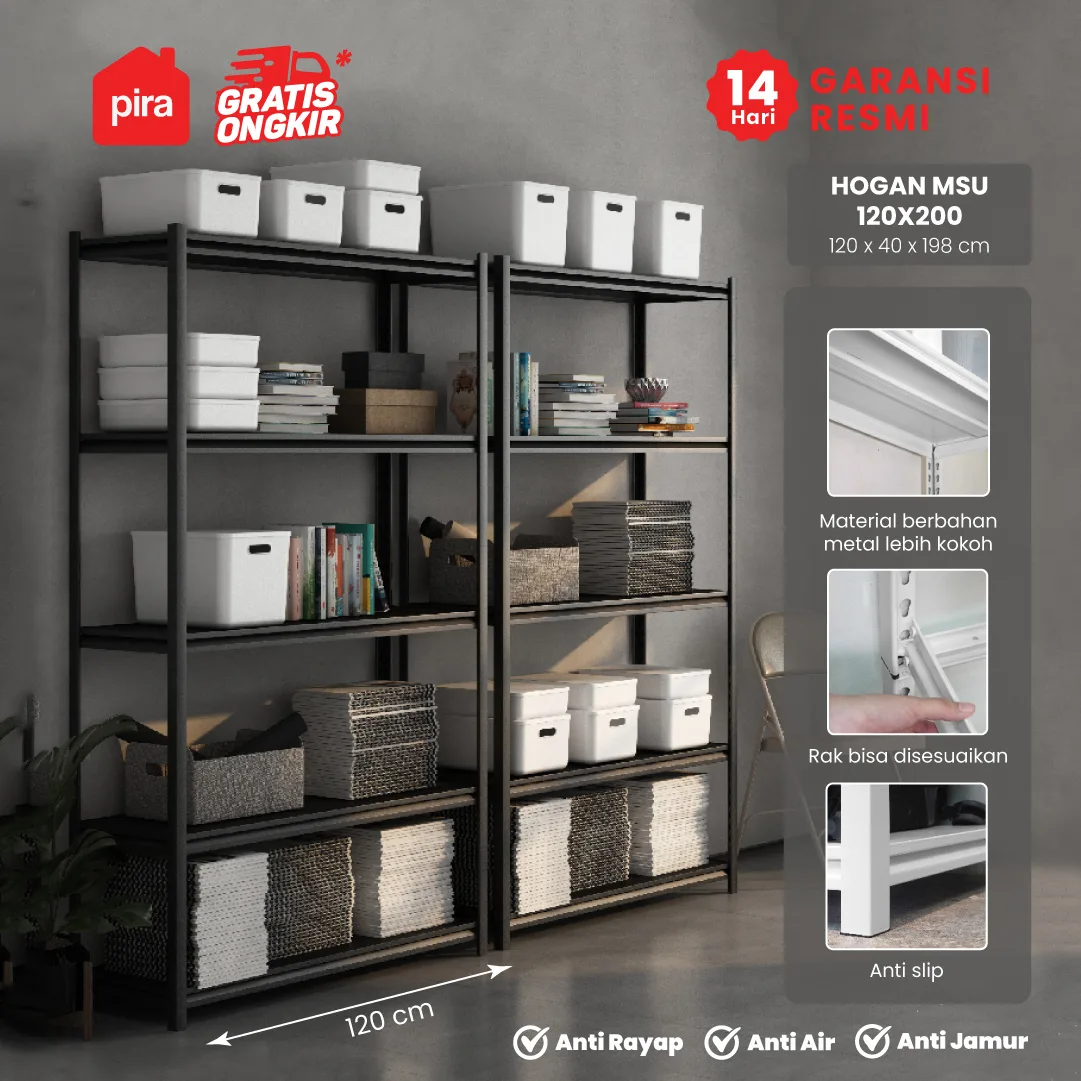PIRA -  HOGAN MSU 120X200 RAK BESI / RAK SUSUN SERBAGUNA / RAK SUSUN BESI / RAK PENYIMPANAN warna BLACK - PIRA - foto 1