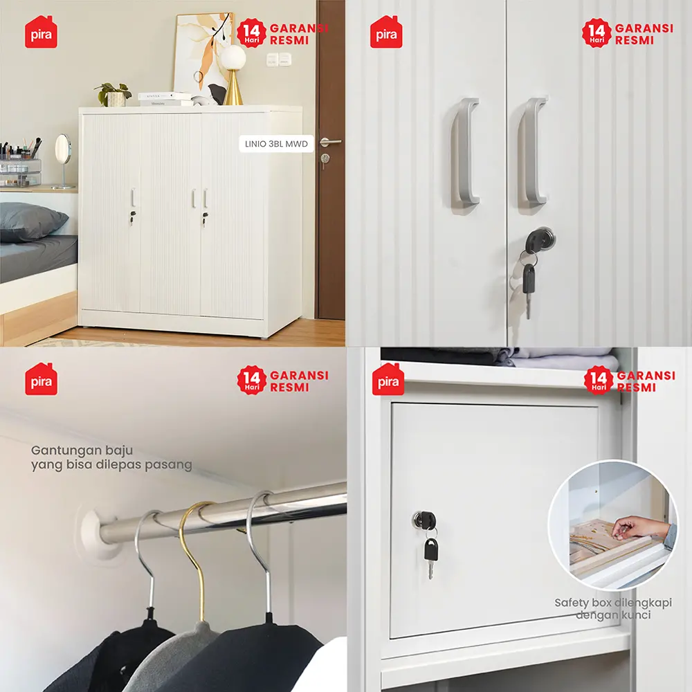 PIRA -  LINIO 3BL MWD LEMARI PAKAIAN BESI 3 PINTU / LEMARI KECIL / LEMARI PAKAIAN ANAK warna WHITE - LIGHT GREY - PIRA - foto 7