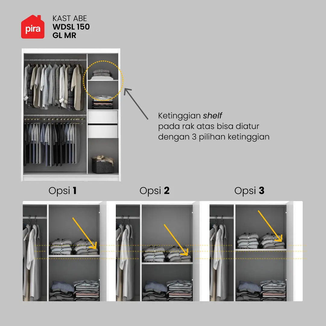 PIRA - KAST ABE WDSL150 GL MR LEMARI PAKAIAN PINTU GESER / SLIDING DENGAN CERMIN warna WHITE SM - WHITE GLOSSY - PIRA - foto 7