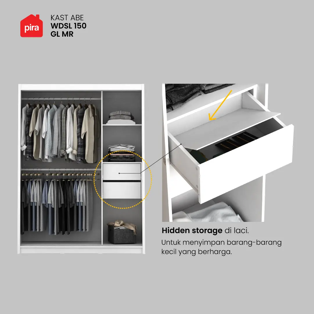 PIRA - KAST ABE WDSL150 GL MR LEMARI PAKAIAN PINTU GESER / SLIDING DENGAN CERMIN warna WHITE SM - WHITE GLOSSY - PIRA - foto 9