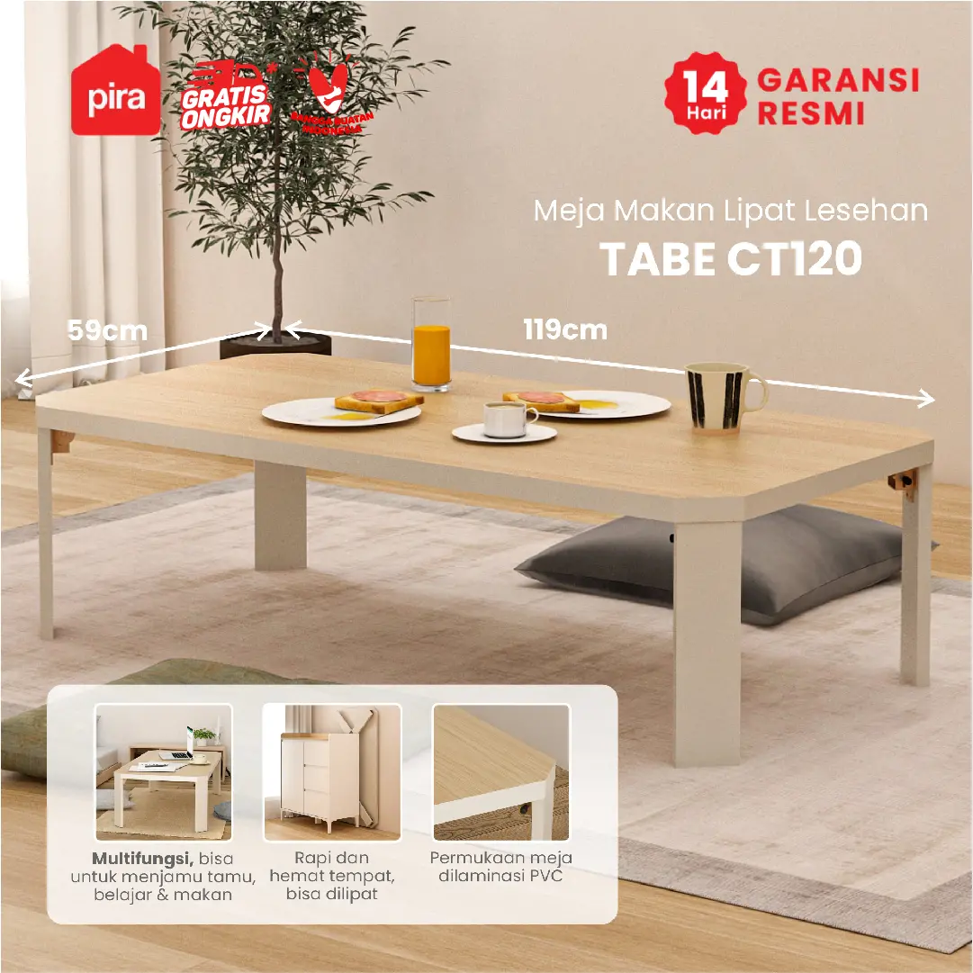 PIRA - TABE CT120 MEJA TAMU MEJA MAKAN LIPAT LESEHAN MEJA BELAJAR LIPAT LESEHAN warna LIGHT TAUPE - EURO OAK - PIRA - foto 1