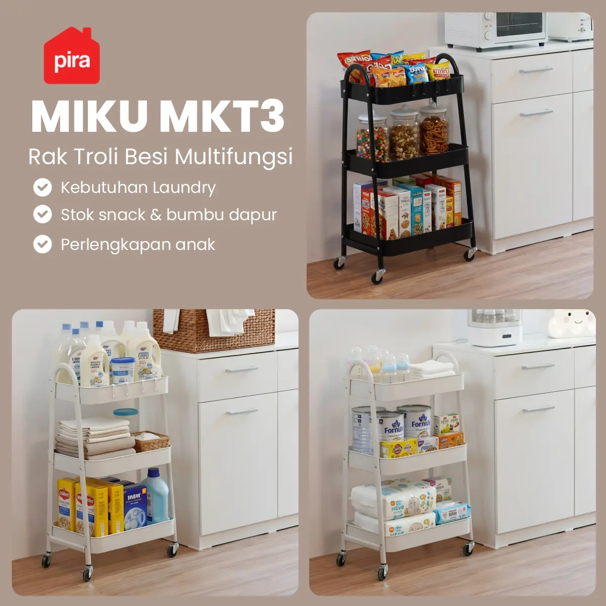 PIRA -  MIKU MKT3 RAK TROLI / RAK PENYIMPANAN / RAK SERBAGUNA / RAK BESI 3 SUSUN DENGAN RODA warna BLACK - PIRA - foto 2