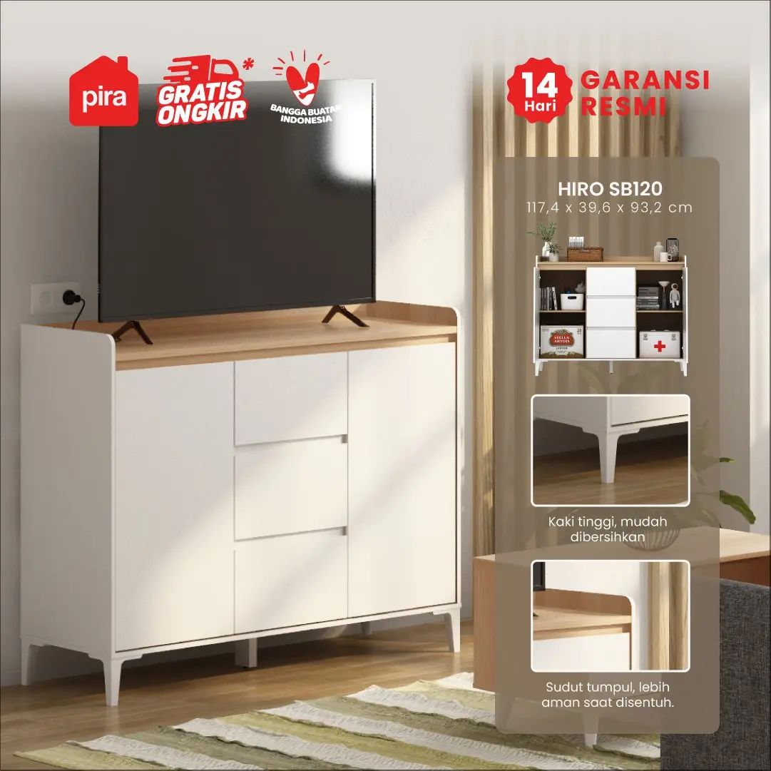PIRA METROPOLIS OX - HIRO SB120 BUFET / KABINET / SIDEBOARD / MEJA TV warna WHITE - PRO OAK - PIRA METROPOLIS OX - foto 1