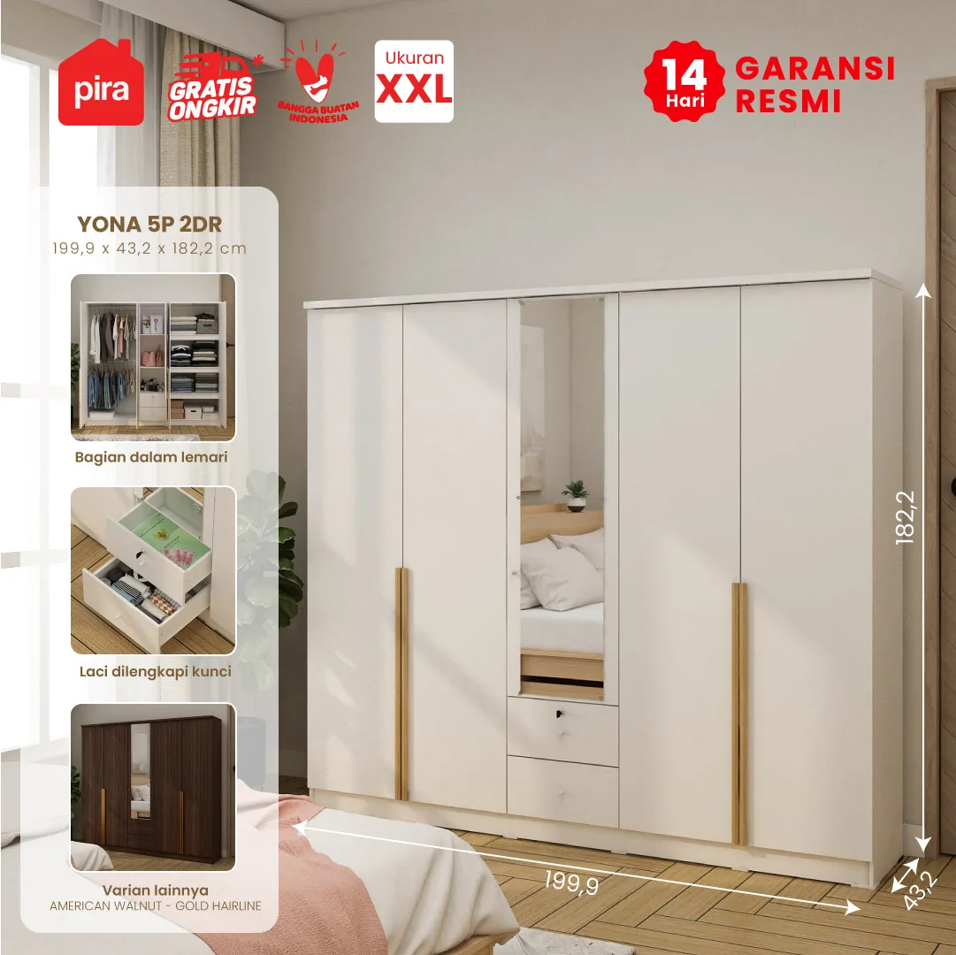 PIRA METROPOLIS -  YONA 5P 2DR LEMARI PAKAIAN 5 PINTU DENGAN 2 LACI warna WHITE - PRO OAK - PIRA METROPOLIS - foto 1