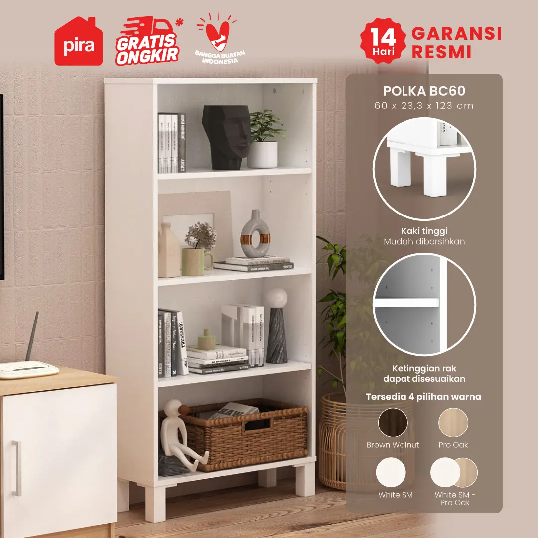 PIRA OX - POLKA BC60 RAK BUKU MINIMALIS SERBAGUNA 4 TINGKAT warna WHITE SM - PIRA OX - foto 1