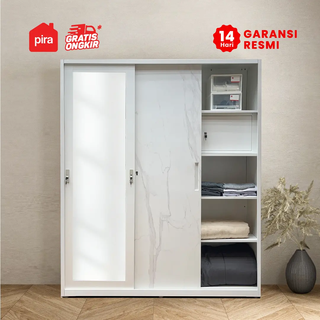 PIRA - CATTA 160 MWDSL LEMARI PAKAIAN BESI SLIDING / PINTU GESER warna LIGHT MARBLE - WHITE - PIRA - foto 2
