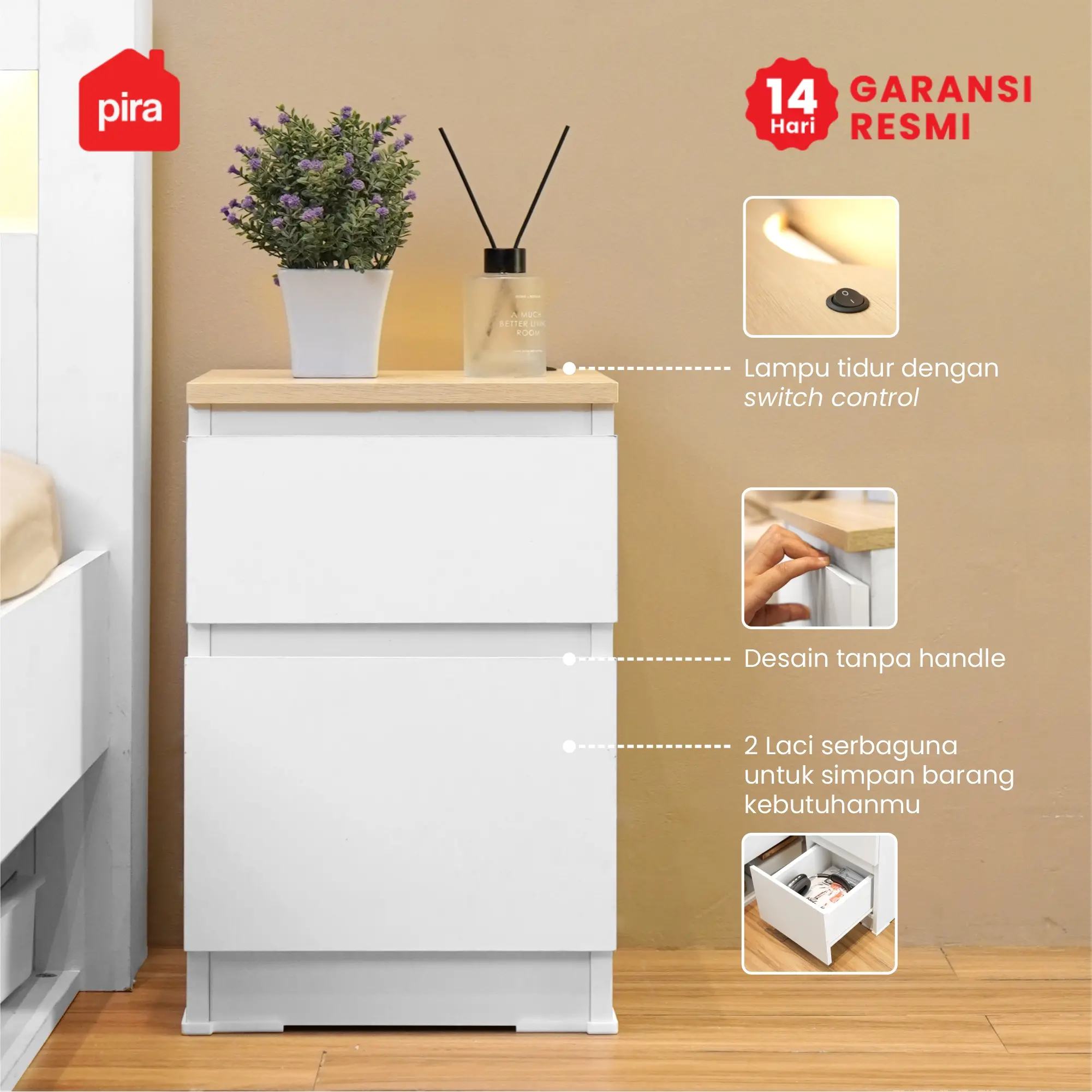 PIRA - LINUS NS30 MEJA NAKAS / MEJA SAMPING / MEJA SUDUT / LEMARI LACI DENGAN LAMPU TIDUR warna WHITE - PRO OAK - PIRA - foto 2