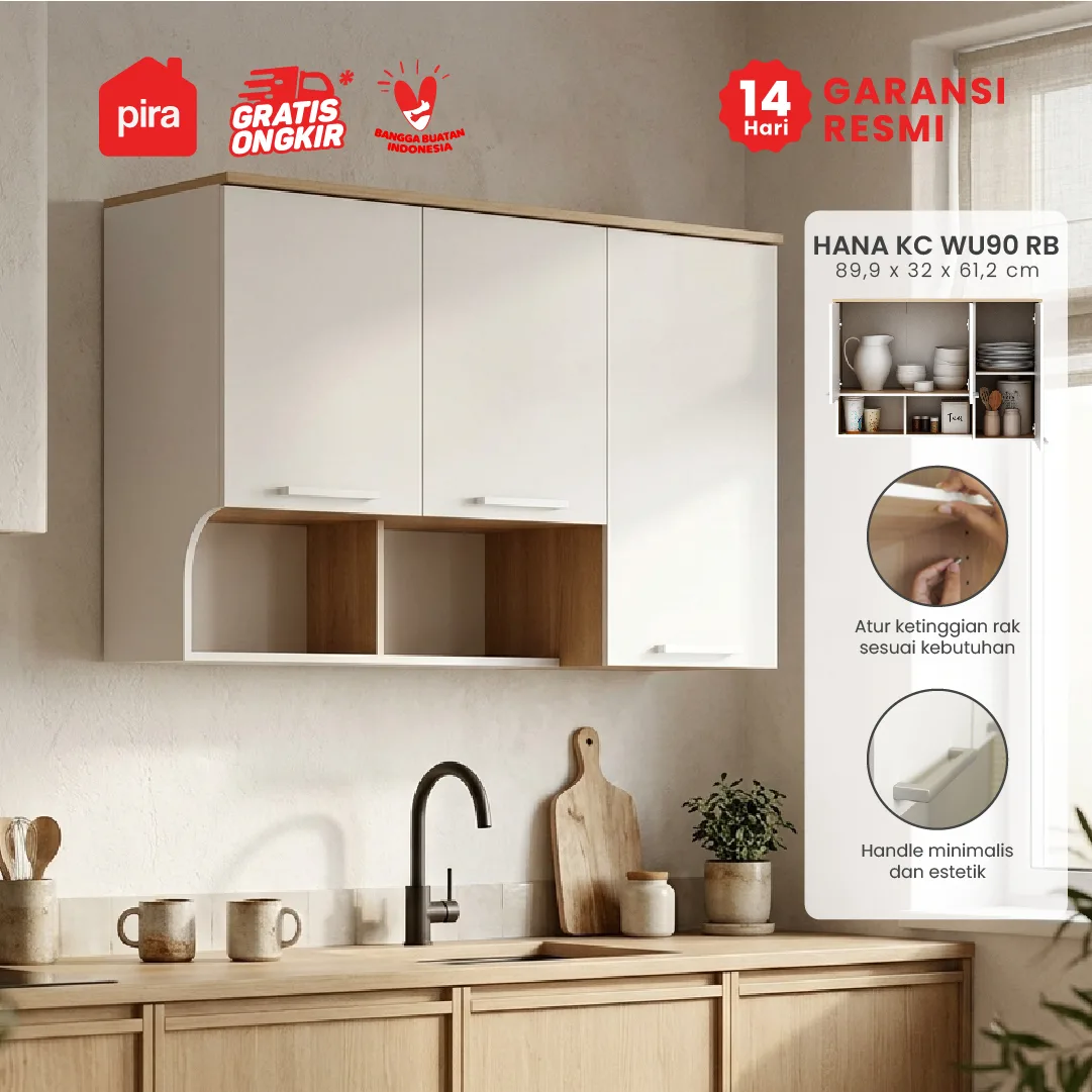 PIRA METROPOLIS OX -  HANA KC WU90 RB RAK DAPUR / RAK GANTUNG DAPUR / KITCHEN SET ATAS 3 PINTU DENGAN RAK BUMBU warna WHITE - PRO OAK - PIRA METROPOLIS - foto 1