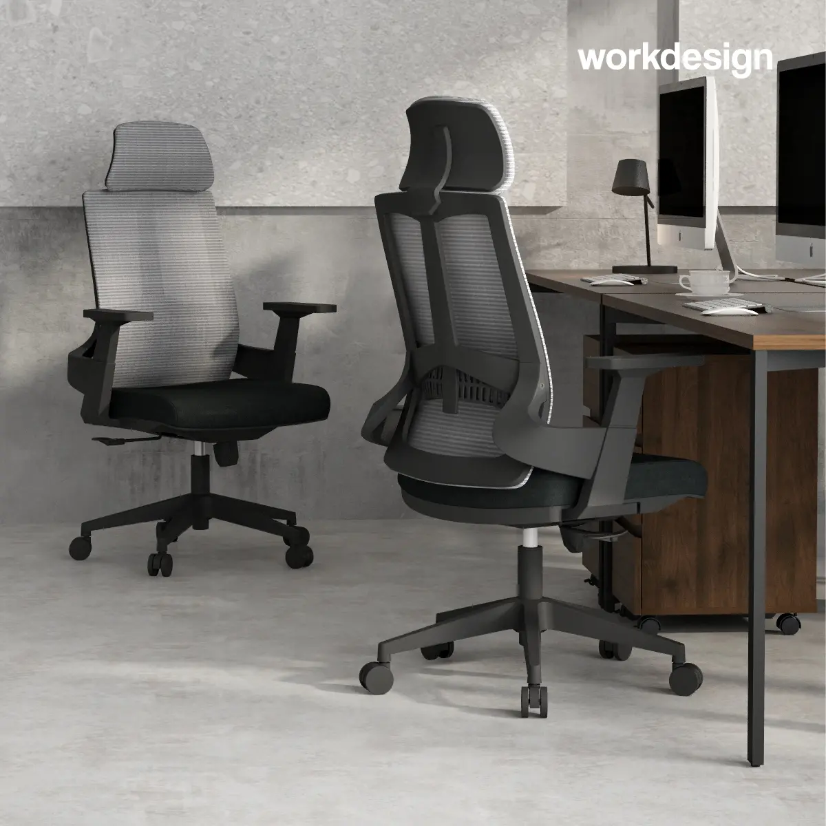 WORKDESIGN AHSOKA PC KURSI KANTOR / KURSI KERJA ERGONOMIS DENGAN SANDARAN KEPALA DAN LUMBAR SUPPORT warna DARK GREY - BLACK - WORKDESIGN - foto 11