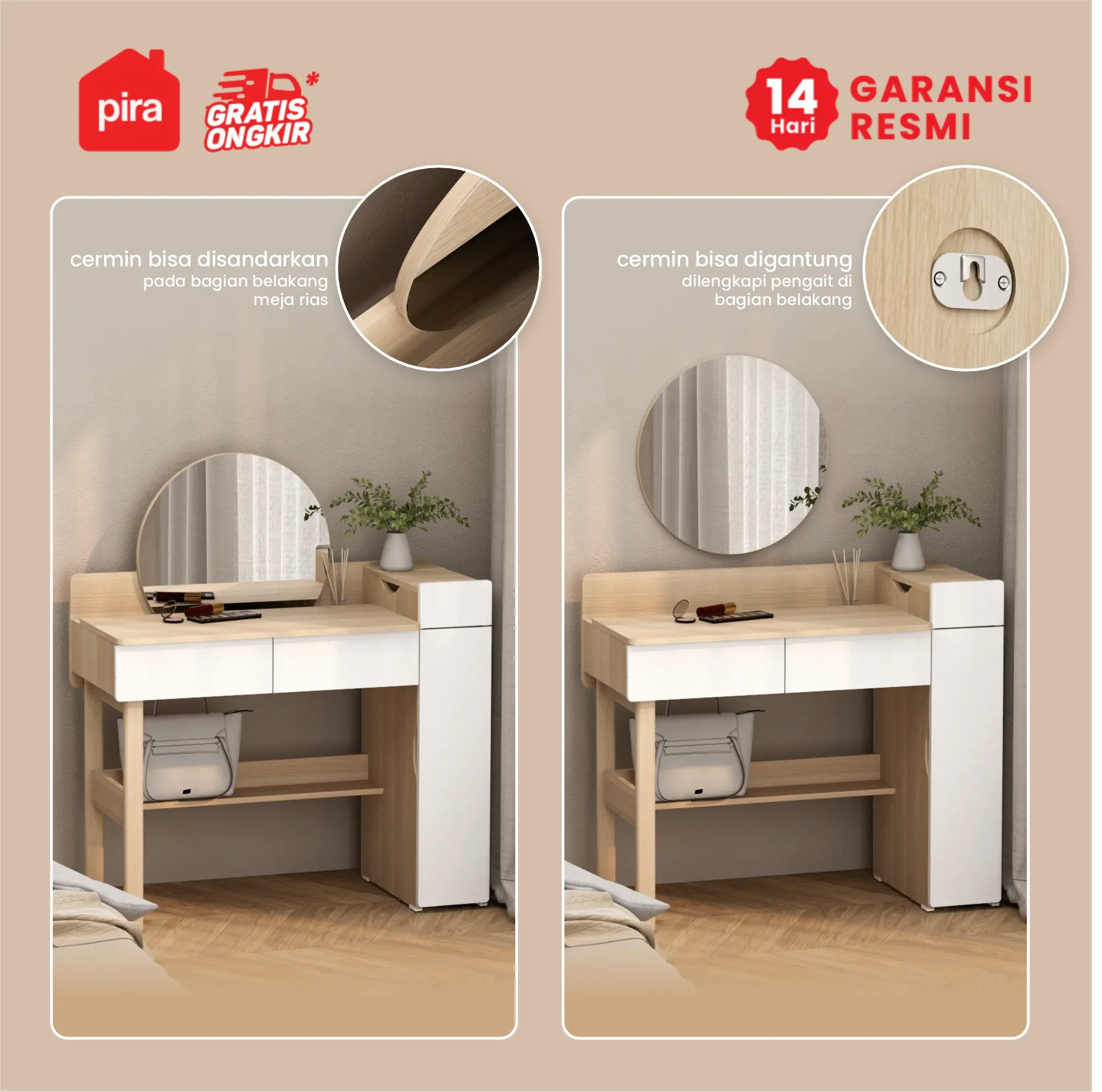 PIRA - LAURA DS100 MEJA RIAS DENGAN CERMIN LEPAS PASANG / MEJA BELAJAR / MEJA KERJA warna PRO OAK - WHITE SM - PIRA - foto 7