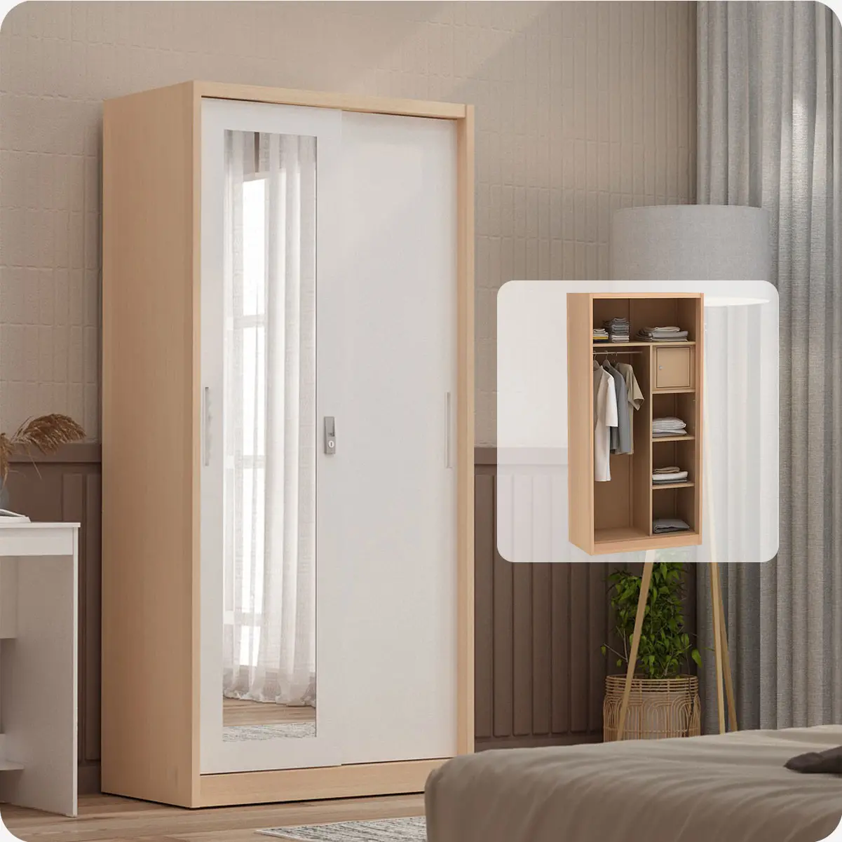 PIRA - ASHTON 90 MWDSL LEMARI PAKAIAN BESI SLIDING / GESER MOTIF KAYU warna LIGHT ASH - WHITE - PIRA - foto 1