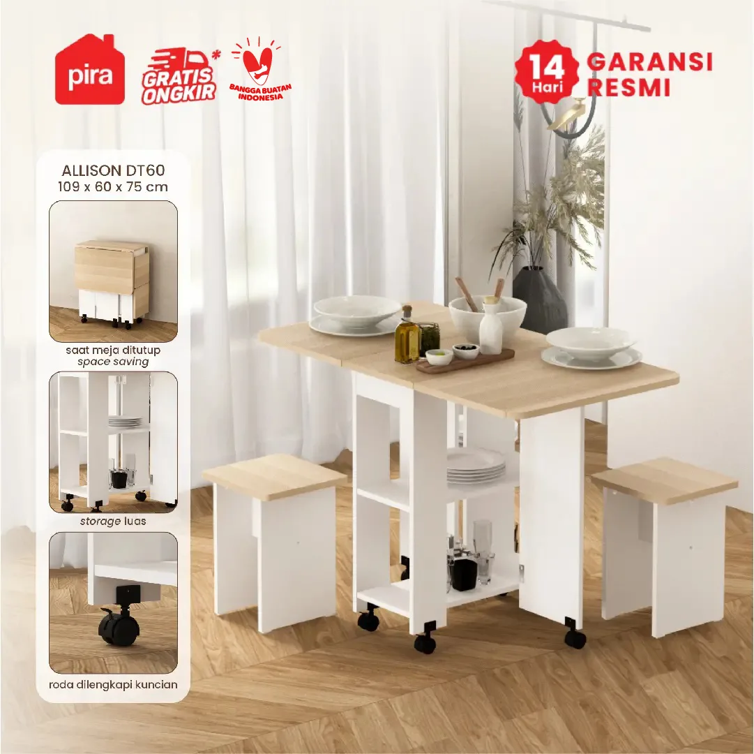 PIRA - ALLISON DT60 MEJA MAKAN SET LIPAT warna WHITE - PRO OAK - PIRA - foto 1