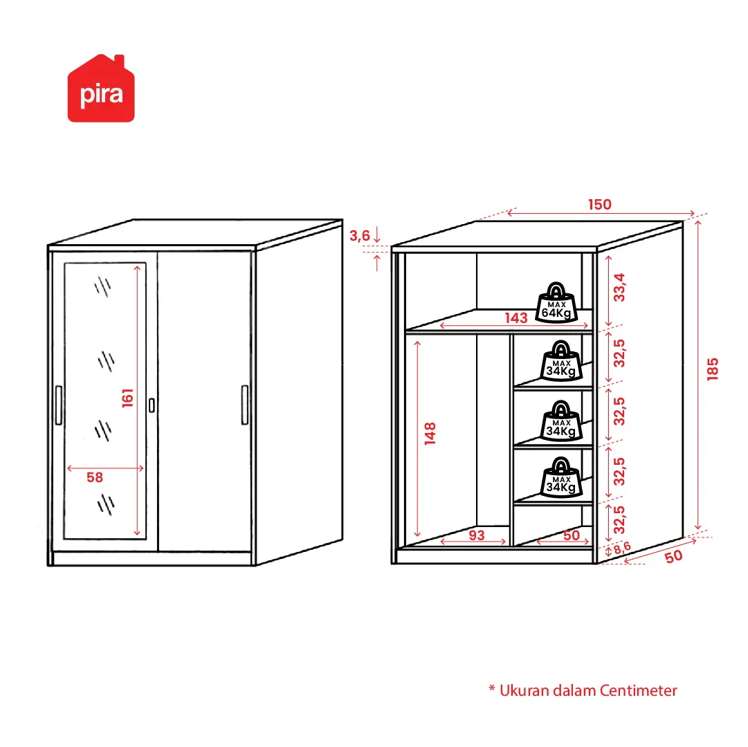 Panduan ukuran PIRA - CATTA 150 MWDSL  LEMARI PAKAIAN BESI SLIDING / PINTU GESER warna WHITE - PIRA