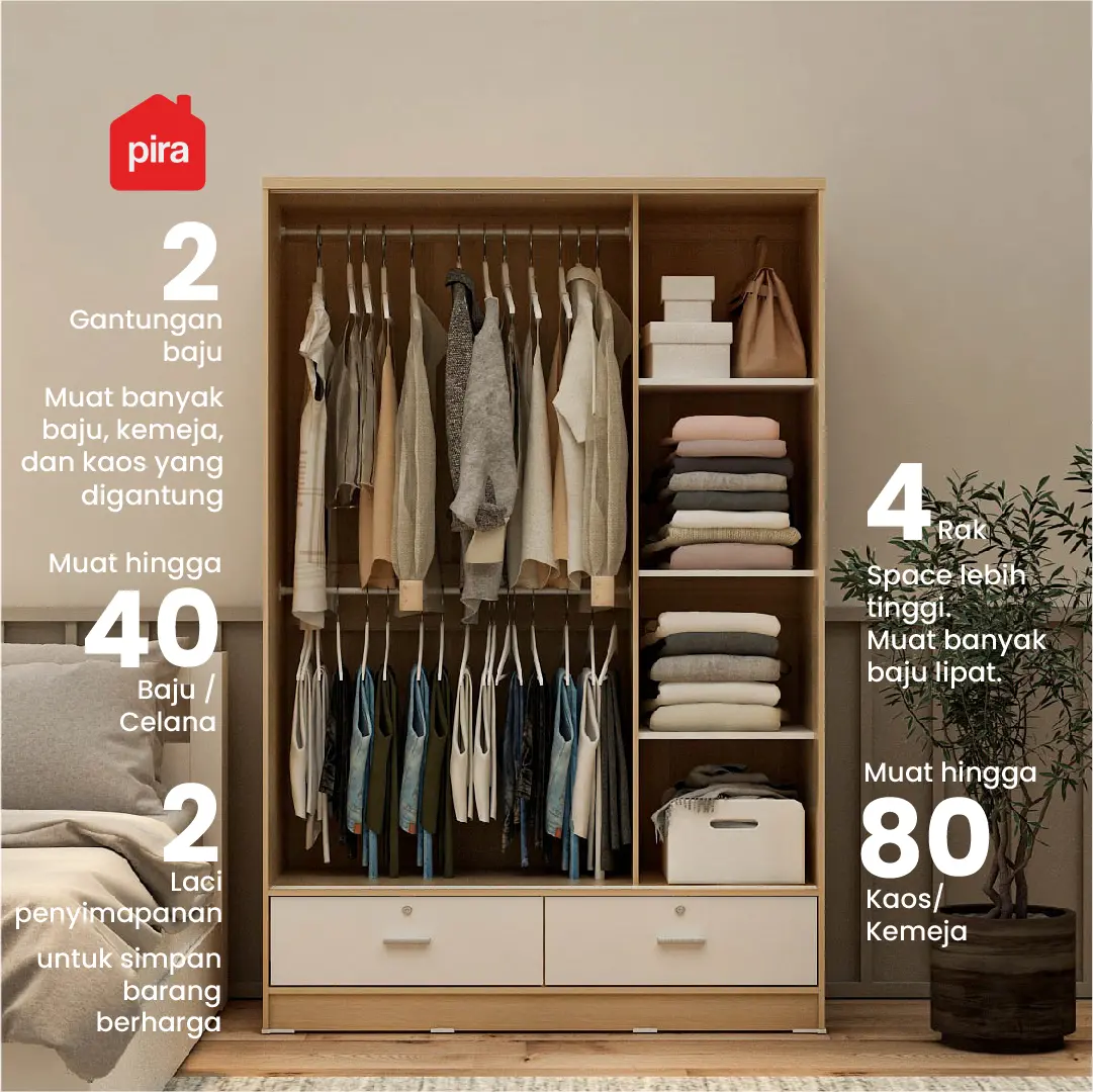 PIRA METROPOLIS OX - ARUNA WDSL120D LEMARI PAKAIAN PINTU GESER / LEMARI SLIDING DENGAN LACI warna WHITE - PIRA METROPOLIS OX - foto 2